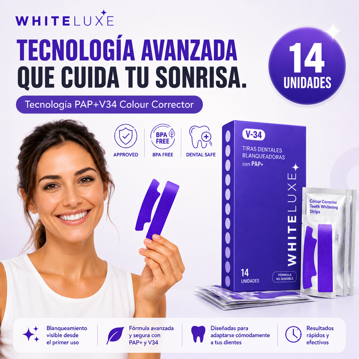TIRAS BLANQUEADORAS DENTALES V34 (14 UNIDADES) - ELIMINA EL AMARILLO Y BLANQUEA TUS DIENTES EN CASA